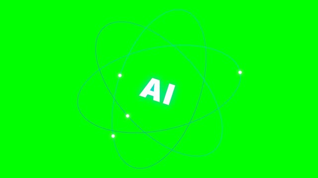 Artificial Intelligence Concept AI Text in Atom Orbit Structure on Chroma Key Green Screen for Video Editing and Motion Graphics