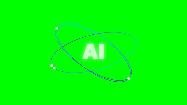 Artificial Intelligence Symbol with AI Text Inside Atomic Orbital Electron Paths on Green Screen Background for Chroma Key VFX Compositing