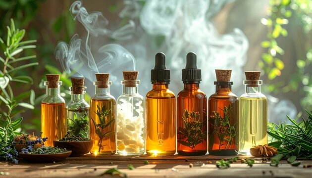 Glass Bottles of Essential Oil and Spices Isolated on White Background for Natural Medicine, Pharmacy, Healthcare, and Aromatherapy Concepts
