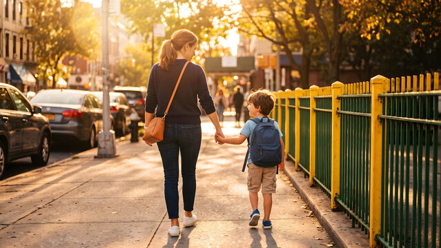 Mother holding her young son's hand while walking together on a city sidewalk to school