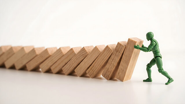 Green mannequin stopping falling wooden blocks representing domino effect and risk management