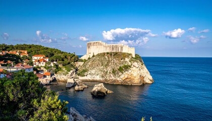 Fototapeta premium Ancient Stone Sea Fortress on the Adriatic Coast with Panoramic View of Dubrovnik Croatia and Crystal Clear Mediterranean Waters