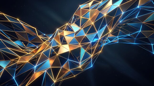 3D abstract golden and blue polygonal mesh wave structure, geometric low poly, futuristic digital art with glowing lines and triangles, modern technology pattern for web design
