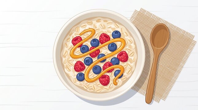 Flat vector illustration of a bowl of oatmeal topped with blueberries raspberries and honey on a white wooden table