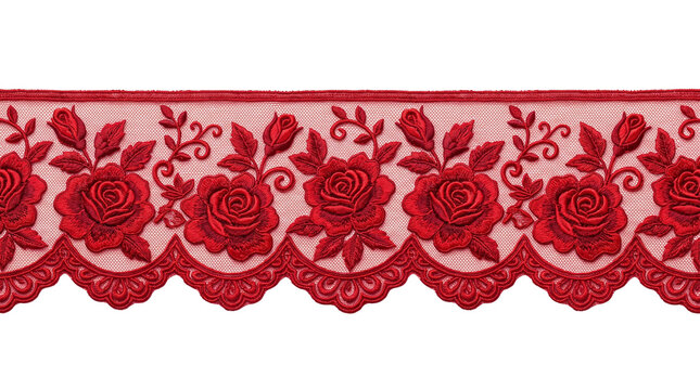 Vintage red rose lace trim, elegant floral embroidery ribbon, decorative scalloped fabric border for sewing and fashion design, romantic textile detail