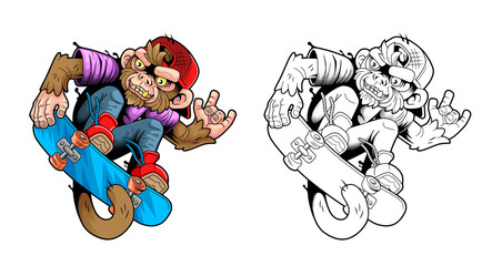 Funny monkey skateboarder, illustration design © fargon
