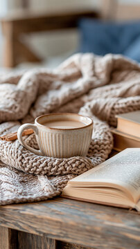 Cozy reading nook with steaming coffee mug, open book and chunky knitted blanket creating warm hygge home atmosphere for relaxing autumn or winter days