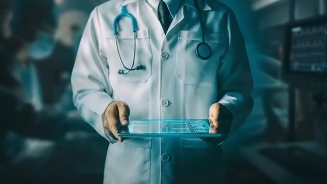 Woman in white lab coat examining a microscope slide closely.