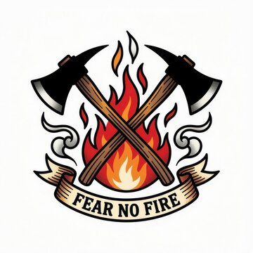 Fearless warrior emblem with crossed axes and flames. Bold survival badge for extreme sports and outdoor resilience.