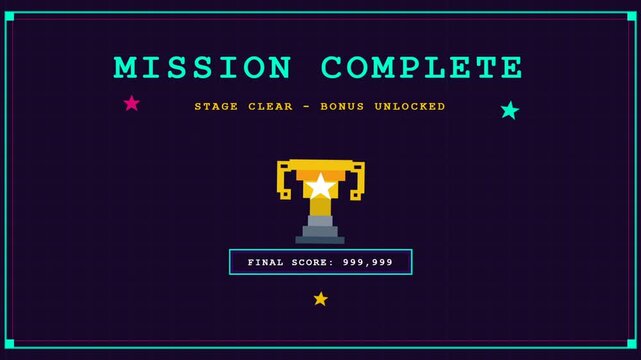 Mission Complete Retro Arcade Victory Screen.