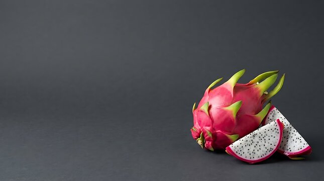 Fresh dragon fruit with slices on dark background