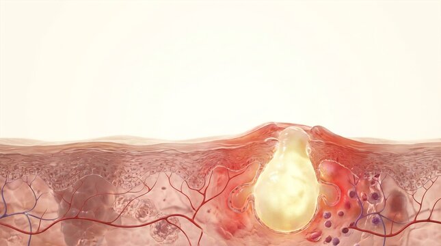 Cross section of skin showing subcutaneous cyst formation with blood vessels and inflammation