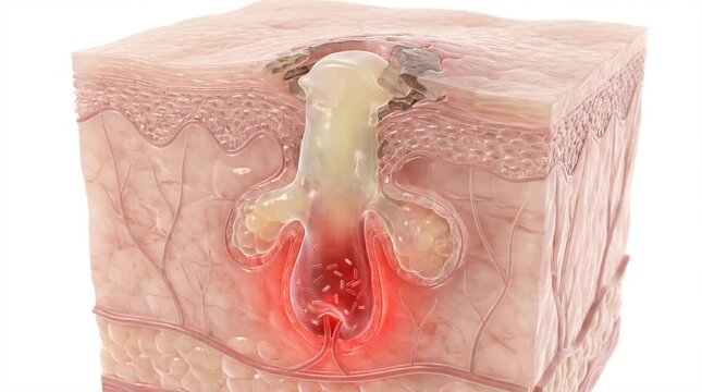 Deep cystic acne lesion in 3D skin layers revealing pus accumulation and bacterial growth