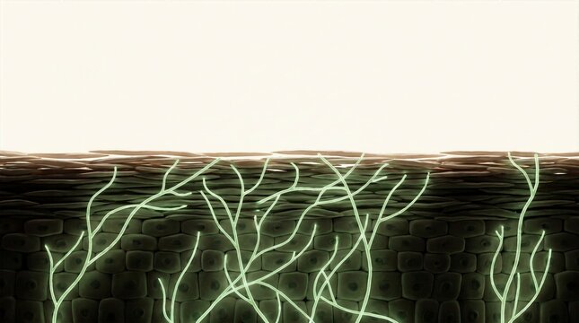 3D illustration of skin layers penetrated by glowing fungal hyphae or branching nerve endings