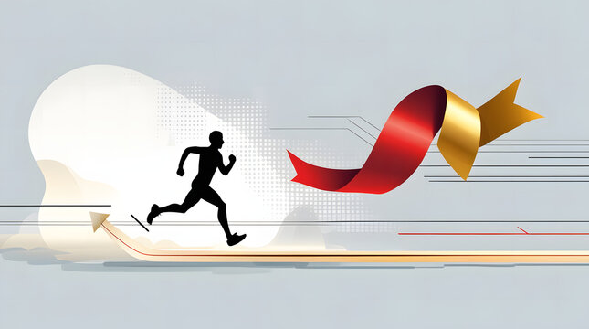 Marathon runner silhouette crossing finish line with red and gold ribbon, vector illustration with copy space