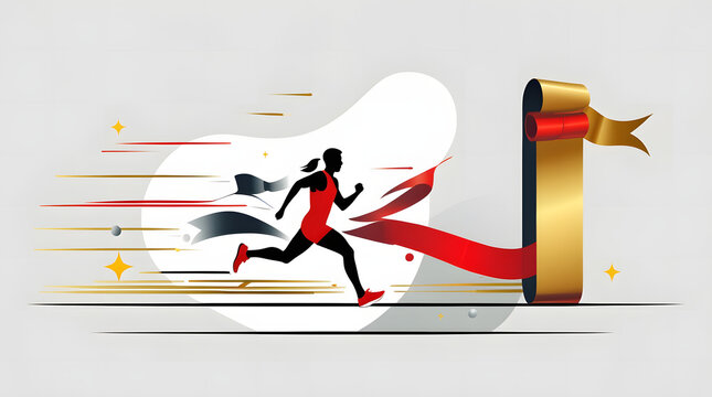 Marathon runner silhouette crossing finish line with red and gold ribbon, vector illustration with copy space
