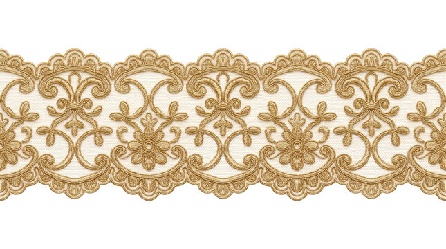 Vintage gold lace border with floral embroidery, elegant golden filigree trim on white background, ornate baroque lace ribbon for luxury wedding invitations