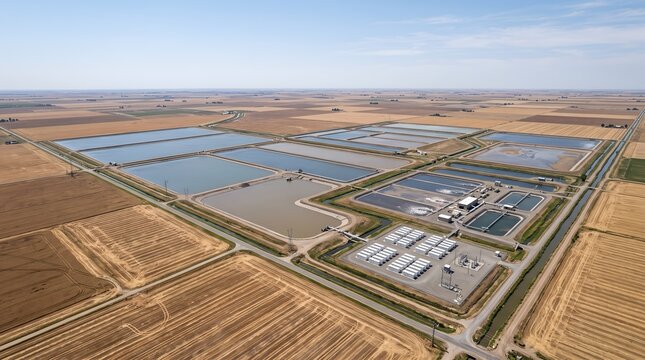 Aerial drone view of large industrial water treatment ponds surrounded by agricultural fields