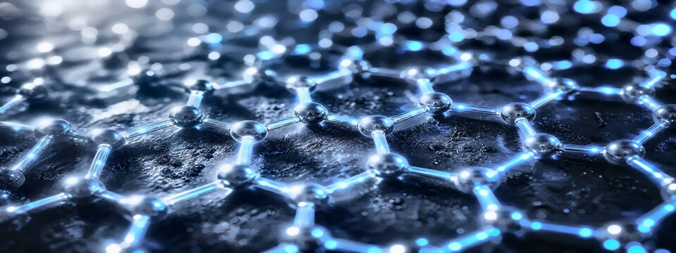    Microscopic graphene lattice structure with hexagonal carbon atoms and neon light
