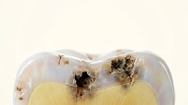 3D cross section of human tooth showing moderate dental caries spreading through enamel and dentin