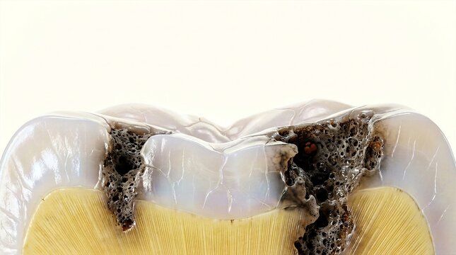 Microscopic macro render of severe tooth decay showing porous dark bacterial damage inside dentin