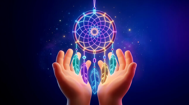 Dreamcatcher in Hands Ethereal Glowing Neon Concept, 3D Glowing Native American Dream Catcher, Spiritual Protection, Magic Night Sky, and Hope Banner Background
