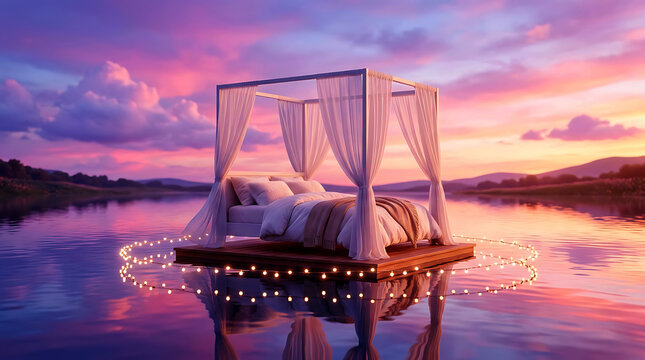 Floating Canopy Bed on Lake Sunset Romantic Concept, 3D Luxury Water Bed, Fairy Lights, Honeymoon Resort, Twilight Sky, and Peaceful Nature Banner Background