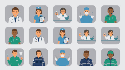 Fototapeta premium A grid of diverse medical and service professionals depicted as flat design avatars.