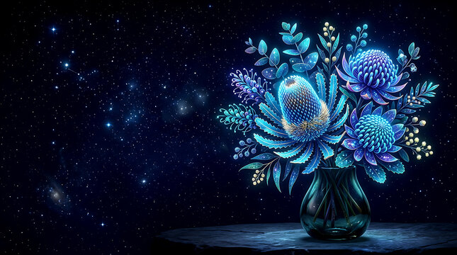 Glowing Australian Native Flowers Vase Starry Night Concept, 3D Bioluminescent Floral Arrangement, Banksia, Protea, Eucalyptus, Cosmic Galaxy, and Fantasy Banner Background