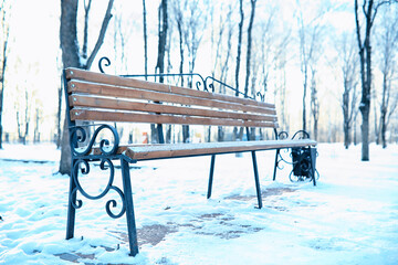 Obraz premium park bench on a winter alley at snowfall. bench with snow after snowstorm or in snow calamity in europe