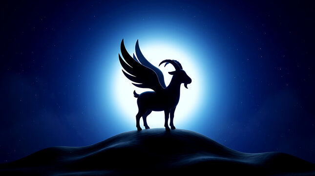 Winged Goat Silhouette Full Moon Night Concept, 3D Mythological Flying Goat, Capricorn Horoscope, Fantasy Night Sky, and Mystical Creature Banner Background