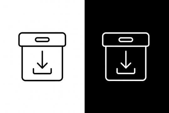 Minimalist line icon of a box package with downward arrow symbol for digital software downloads and file storage updates