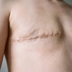 Fototapeta premium Macro view of healed surgical scar tissue on the chest skin area