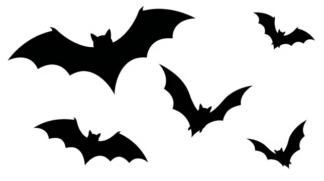 A collection of black bat silhouettes flying together in the night sky isolated on transparent background