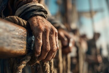 Obraz premium Weathered hand of a sailor gripping a rope on a ship deck