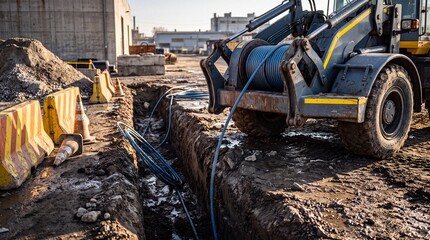 Fototapeta premium Heavy cable puller working in a utility trench with industrial blue cable.