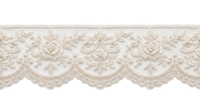 Vintage ivory lace trim with floral embroidery, elegant white lace border for wedding invitations, decorative fabric ribbon with scalloped edges