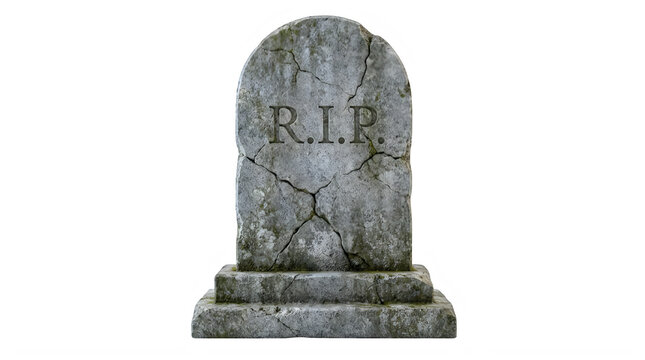 A weathered stone tombstone with rip inscription featuring cracks and moss isolated on transparent background