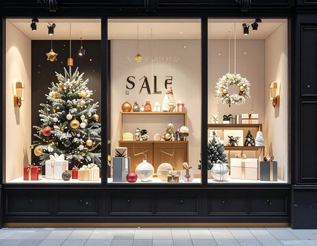 Festive Christmas Storefront Window Display with Sale Signage.