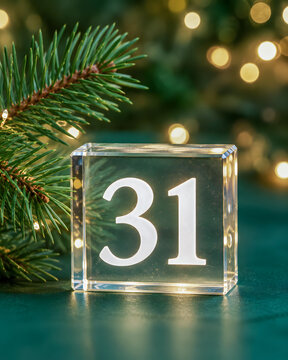 Clear block with number 31 next to pine branches and holiday lights  