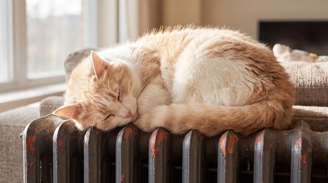 Sleepy ginger cat rests curled on vintage radiator with soft sunlight.