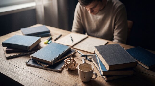 Stressed student studying amid academic clutter on a wooden desk