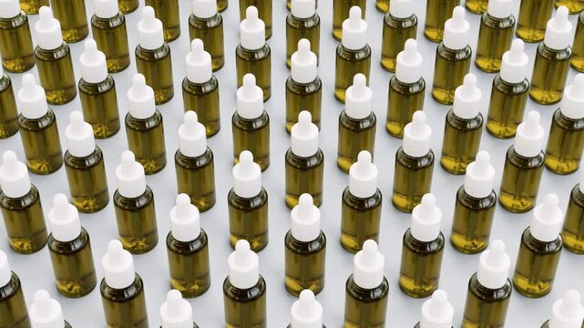 Looping animation of transparent glass serum bottles with droppers arranged seamless pattern. Premium skincare, cosmetic packaging, beauty products, branding, dermatology and aromatherapy concept.