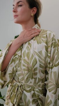 Close up of elegant woman wearing luxury kimono robe.