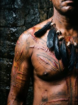 Tribal body scarification portrait showcasing rich ritualistic patterns in dramatic light