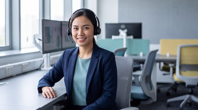Supportive call center agent talking to client in an ultra-modern corporate office