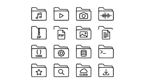 Multimedia developer folder line icons vector collection with creative project file and programming script symbols