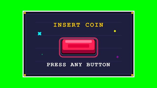 Retro arcade insert coin screen prompting button press video sequence.