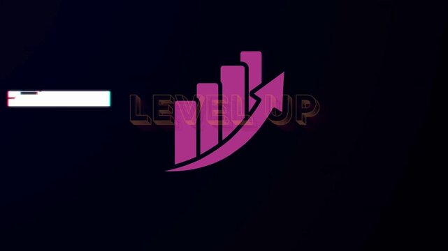 Purple level up business growth chart with orange and yellow neon text, ideal for presentations, infographics, web designs, and reports.