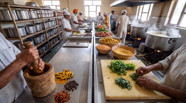 Preparation of communal meal spices in a vibrant Gurdwara langar kitchen.